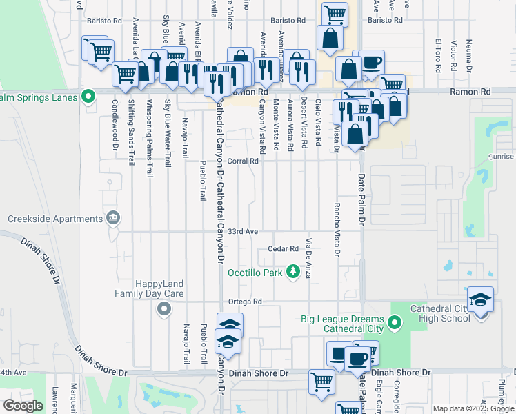map of restaurants, bars, coffee shops, grocery stores, and more near 32825 Canyon Vista Road in Cathedral City