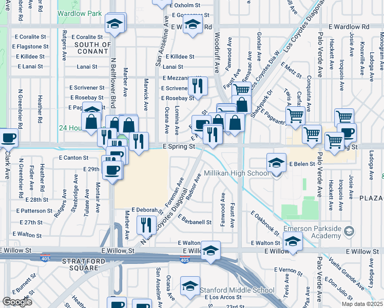 map of restaurants, bars, coffee shops, grocery stores, and more near 5757 East Oakbrook Street in Long Beach