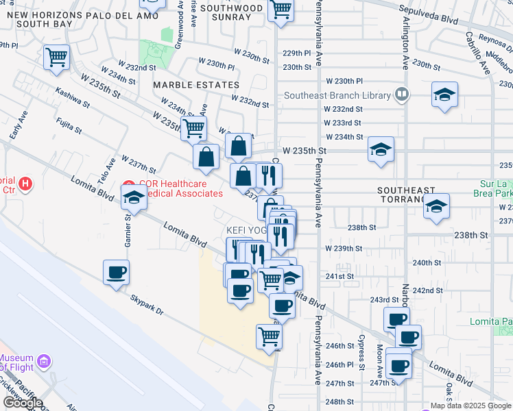 map of restaurants, bars, coffee shops, grocery stores, and more near 2510 West 237th Street in Torrance