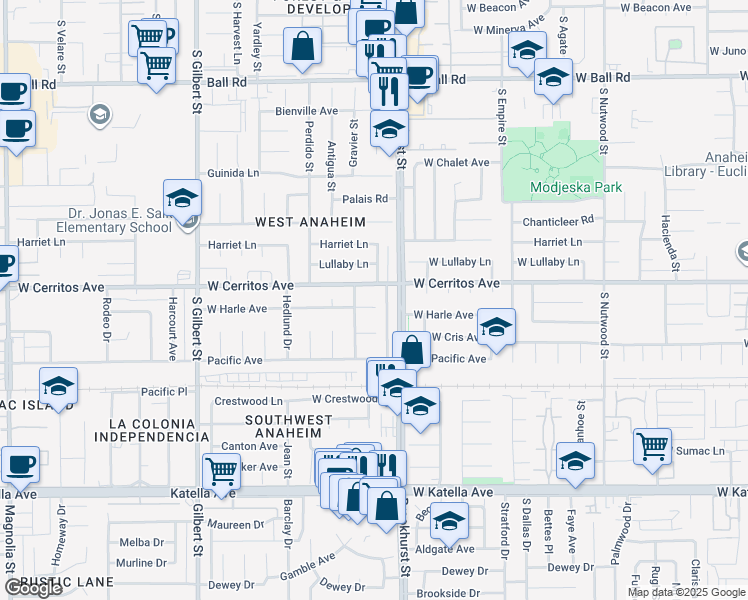 map of restaurants, bars, coffee shops, grocery stores, and more near 9921 West Harle Avenue in Anaheim