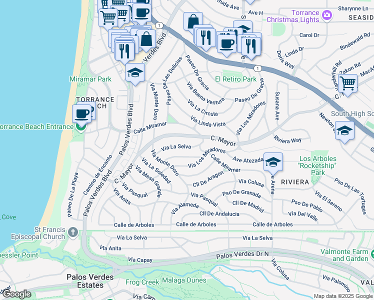 map of restaurants, bars, coffee shops, grocery stores, and more near 512 Vía La Selva in Redondo Beach