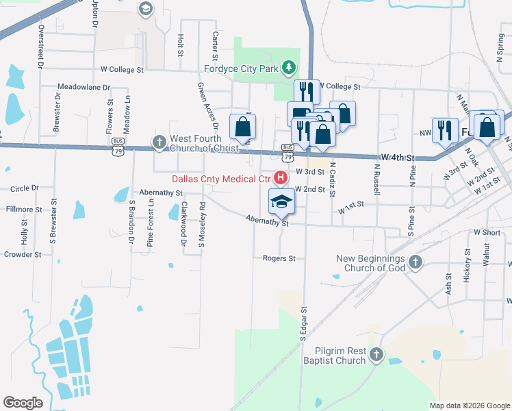 map of restaurants, bars, coffee shops, grocery stores, and more near 107 North Oakley Street in Fordyce