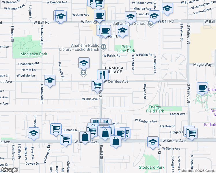 map of restaurants, bars, coffee shops, grocery stores, and more near 1675 W Mells Ln in Anaheim