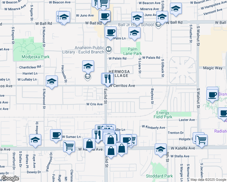 map of restaurants, bars, coffee shops, grocery stores, and more near 1675 West Mells Lane in Anaheim