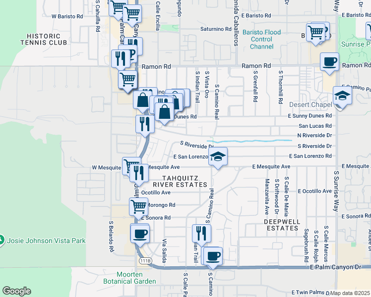 map of restaurants, bars, coffee shops, grocery stores, and more near 671 South Riverside Drive in Palm Springs
