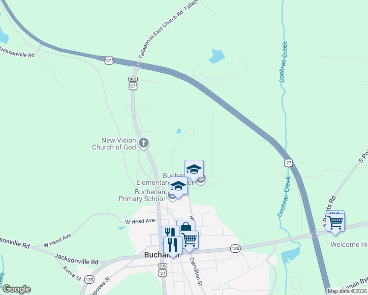 map of restaurants, bars, coffee shops, grocery stores, and more near 105 3rd Avenue in Buchanan