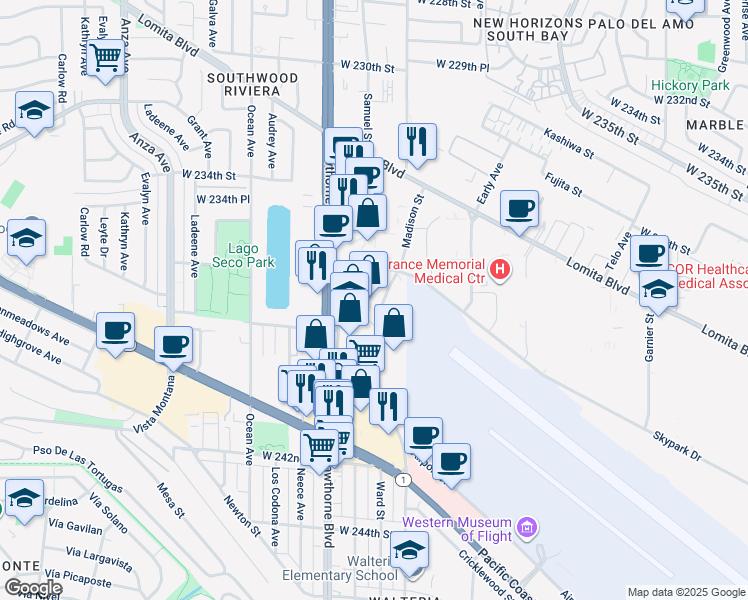 map of restaurants, bars, coffee shops, grocery stores, and more near 23731 Madison Street in Torrance