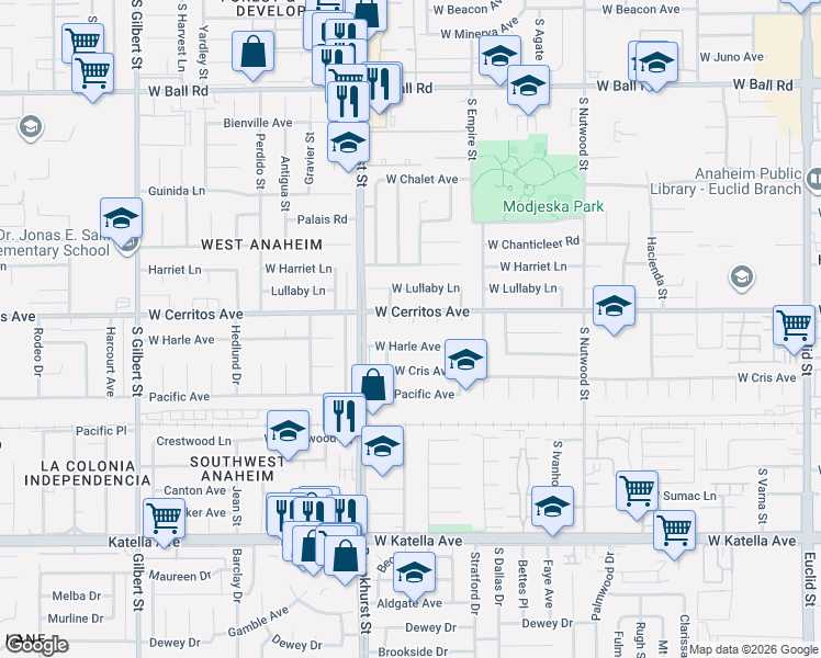 map of restaurants, bars, coffee shops, grocery stores, and more near 1511 South Elk Road in Anaheim