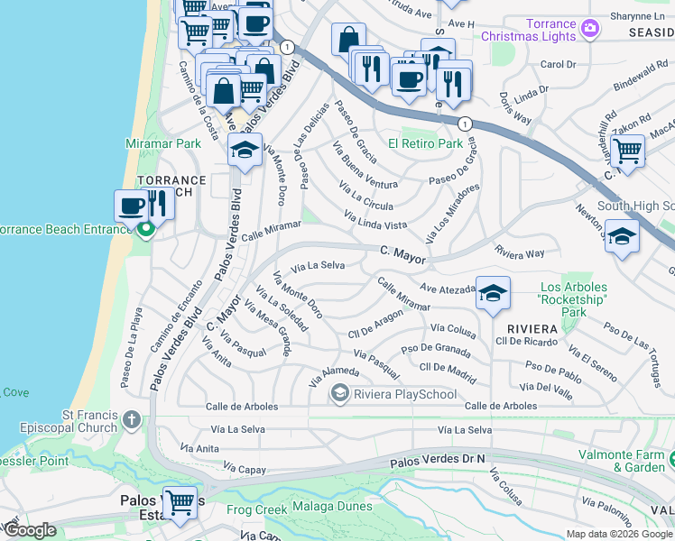 map of restaurants, bars, coffee shops, grocery stores, and more near 512 Vía La Selva in Redondo Beach