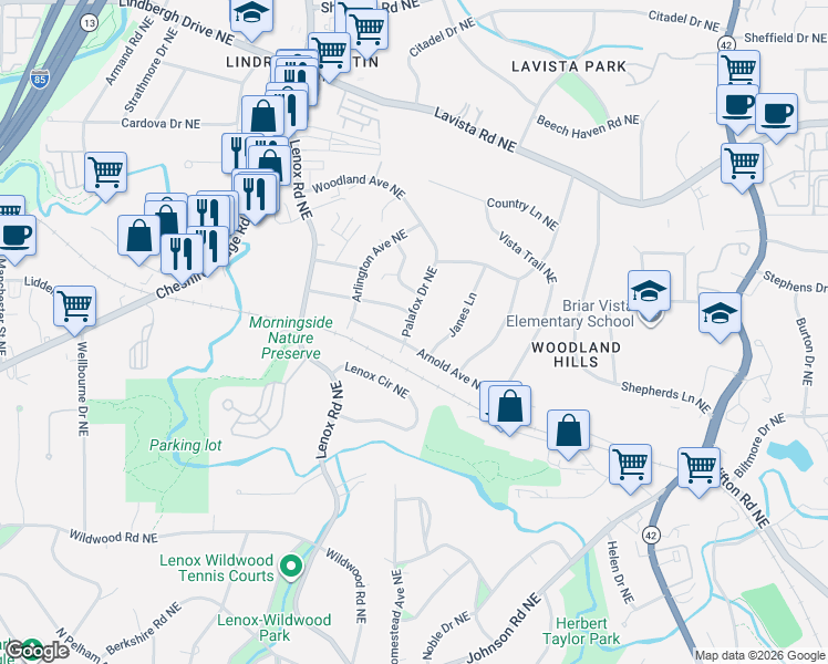 map of restaurants, bars, coffee shops, grocery stores, and more near 1068 Palafox Drive Northeast in Atlanta