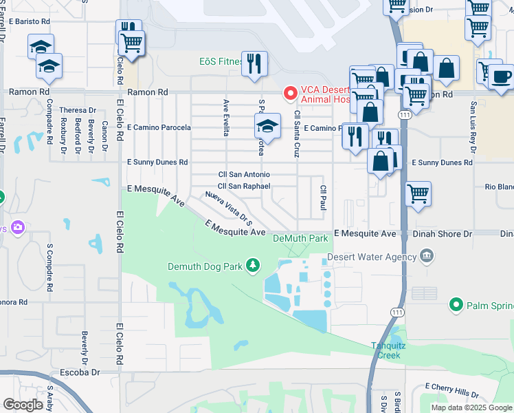 map of restaurants, bars, coffee shops, grocery stores, and more near 915 S Paseo Dorotea in Palm Springs