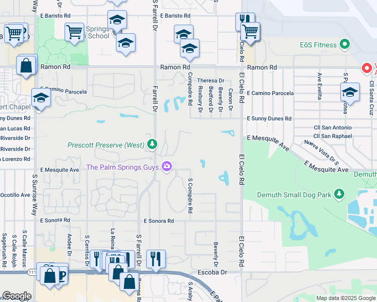 map of restaurants, bars, coffee shops, grocery stores, and more near 2700 East Mesquite Avenue in Palm Springs