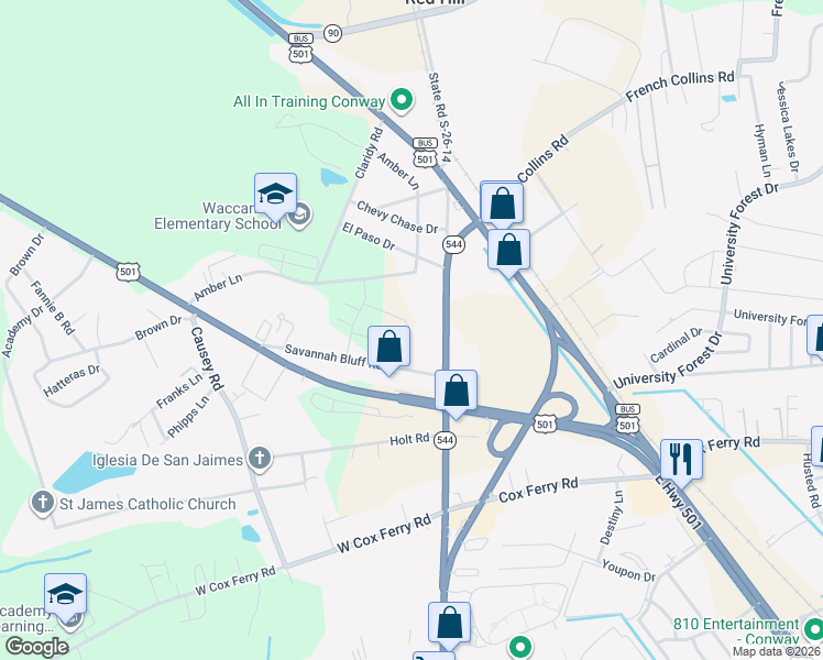 map of restaurants, bars, coffee shops, grocery stores, and more near 290 South Carolina 544 in Conway