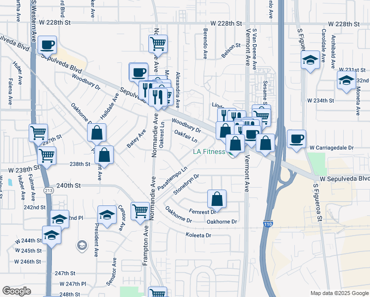 map of restaurants, bars, coffee shops, grocery stores, and more near 1116 Elderglen Lane in West Carson