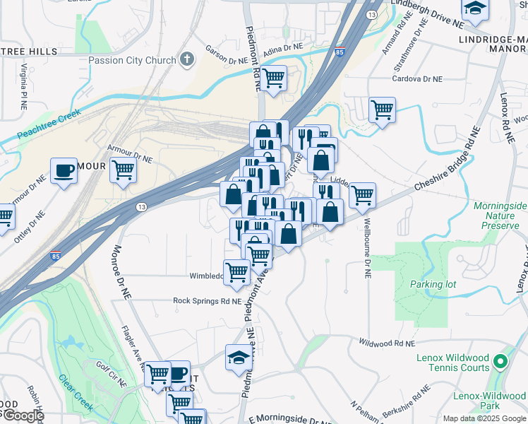 map of restaurants, bars, coffee shops, grocery stores, and more near 1924 Piedmont Road Northeast in Atlanta