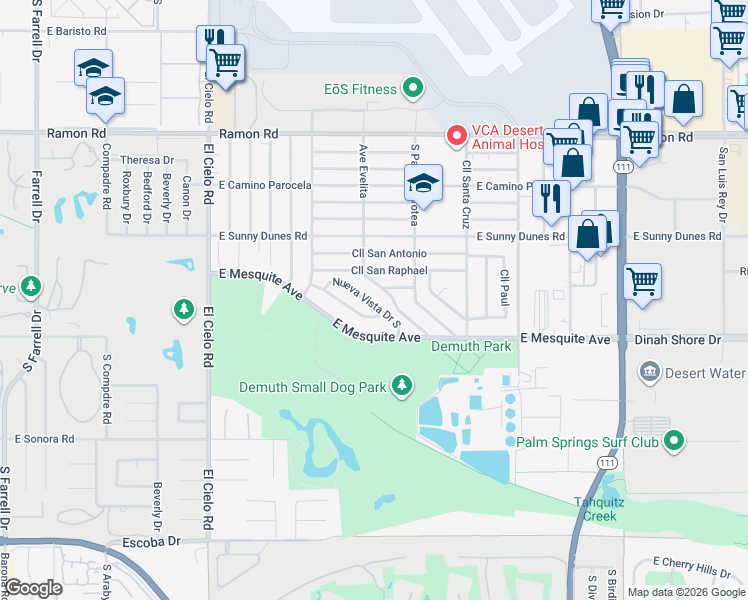 map of restaurants, bars, coffee shops, grocery stores, and more near 862 Nueva Vista Drive South in Palm Springs