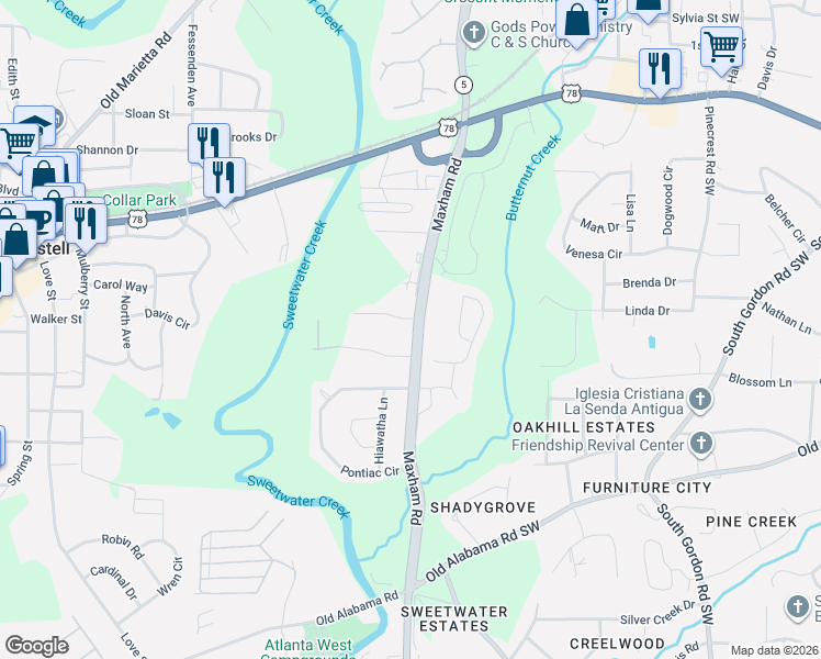 map of restaurants, bars, coffee shops, grocery stores, and more near None in Mableton