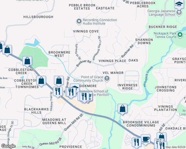 map of restaurants, bars, coffee shops, grocery stores, and more near 1031 Highland Village Trail in Mableton