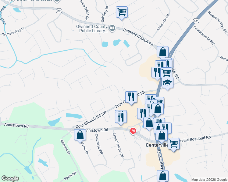map of restaurants, bars, coffee shops, grocery stores, and more near 3292 Perennial Lane Southwest in Snellville
