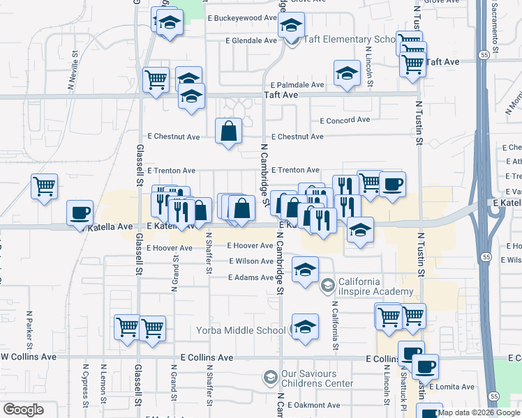 map of restaurants, bars, coffee shops, grocery stores, and more near 1350 North Cambridge Street in Orange