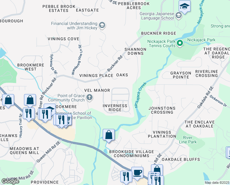 map of restaurants, bars, coffee shops, grocery stores, and more near 1303 Invermere Drive Southeast in Mableton