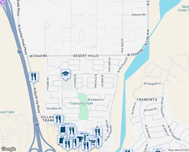 map of restaurants, bars, coffee shops, grocery stores, and more near 3106 West Espartero Way in Phoenix