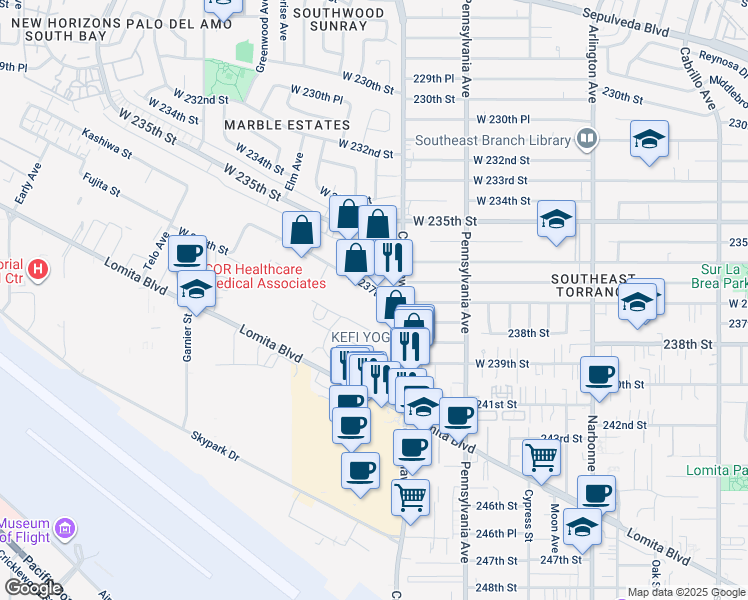 map of restaurants, bars, coffee shops, grocery stores, and more near 2510 West 237th Street in Torrance