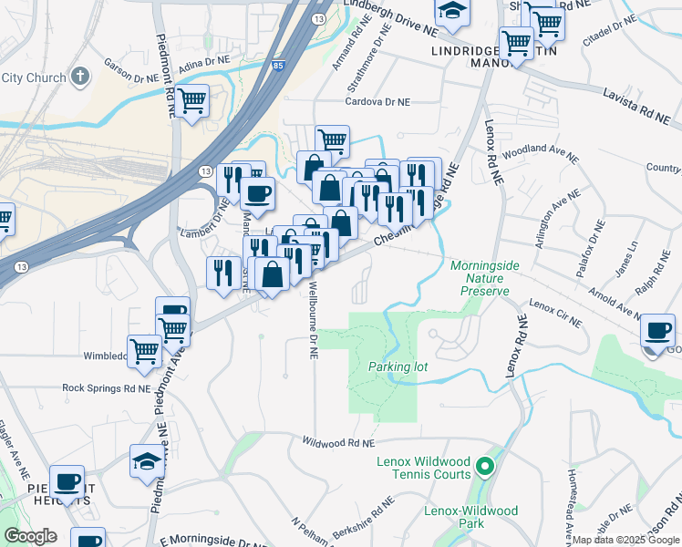 map of restaurants, bars, coffee shops, grocery stores, and more near 1965 Cheshire Bridge Road Northeast in Atlanta