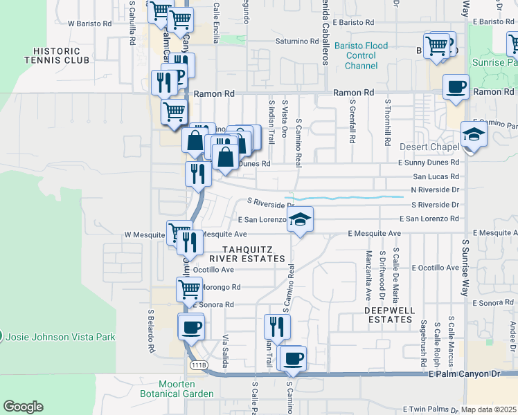 map of restaurants, bars, coffee shops, grocery stores, and more near 711 South Riverside Drive in Palm Springs