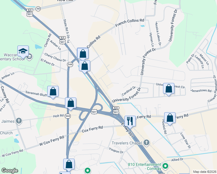 map of restaurants, bars, coffee shops, grocery stores, and more near 490 University Forest Drive in Conway