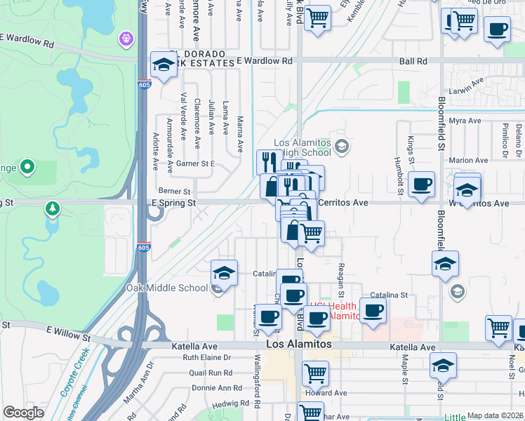 map of restaurants, bars, coffee shops, grocery stores, and more near 3342 West Cerritos Avenue in Los Alamitos
