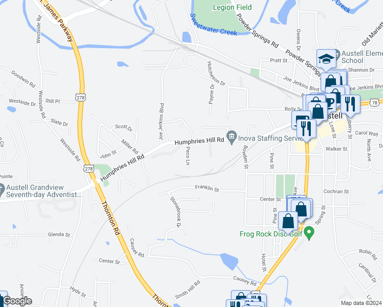 map of restaurants, bars, coffee shops, grocery stores, and more near 5931 Peco Lane in Austell