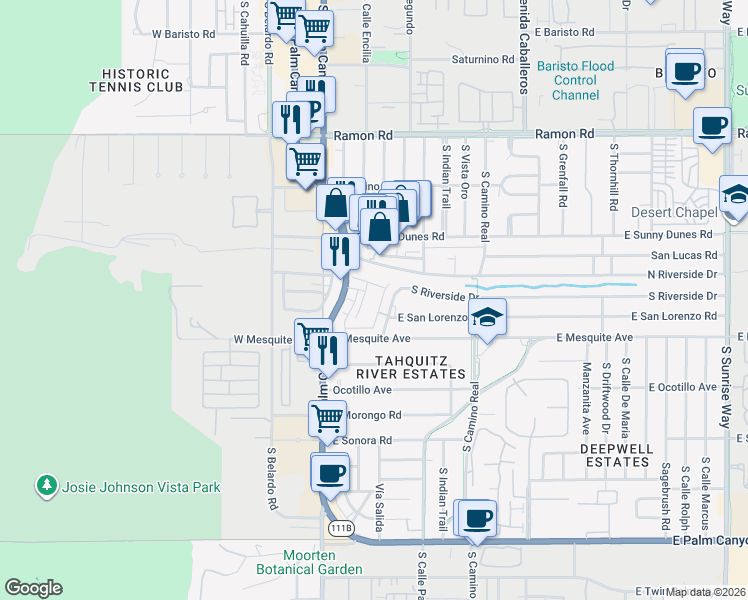 map of restaurants, bars, coffee shops, grocery stores, and more near 928 Galaxy Drive in Palm Springs