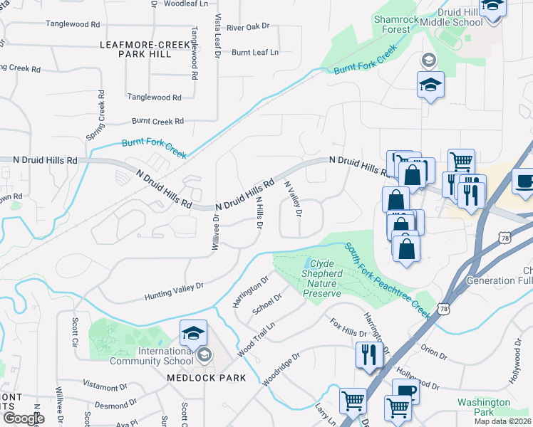 map of restaurants, bars, coffee shops, grocery stores, and more near 1069 North Hills Drive in Decatur