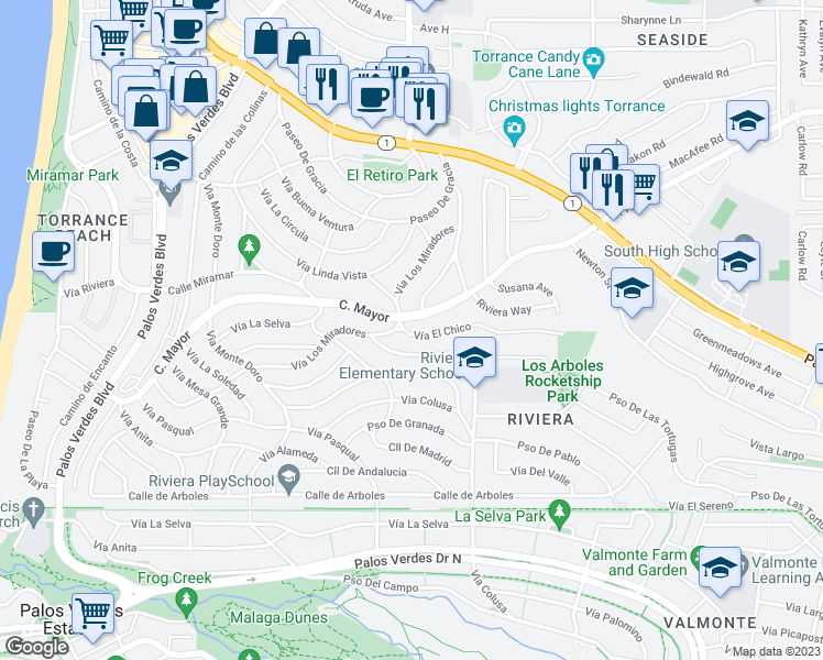 map of restaurants, bars, coffee shops, grocery stores, and more near 301 Vía El Chico in Redondo Beach