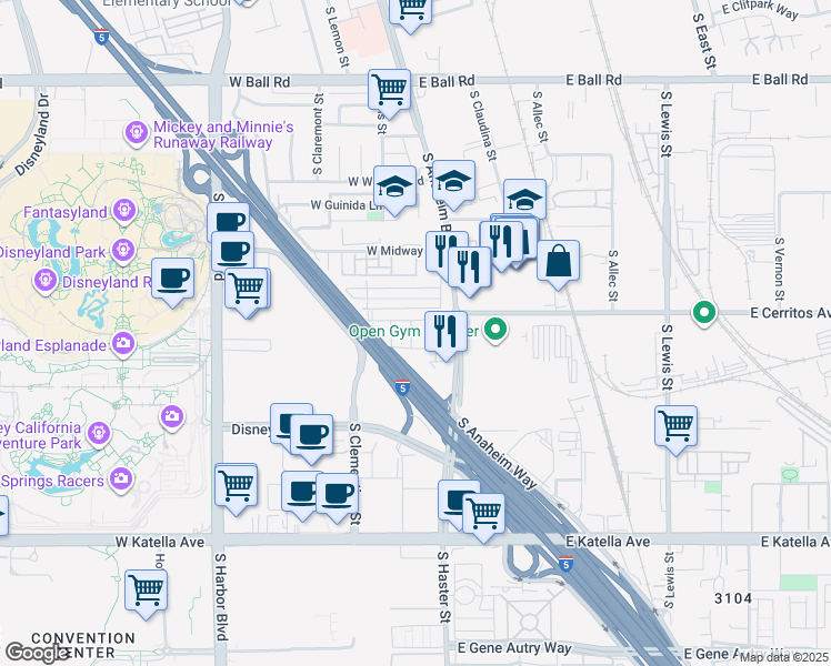 map of restaurants, bars, coffee shops, grocery stores, and more near 1535 West Cara Drive in Anaheim