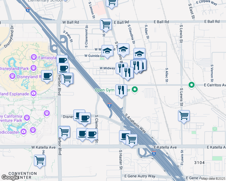 map of restaurants, bars, coffee shops, grocery stores, and more near 1206 West Cara Drive in Anaheim