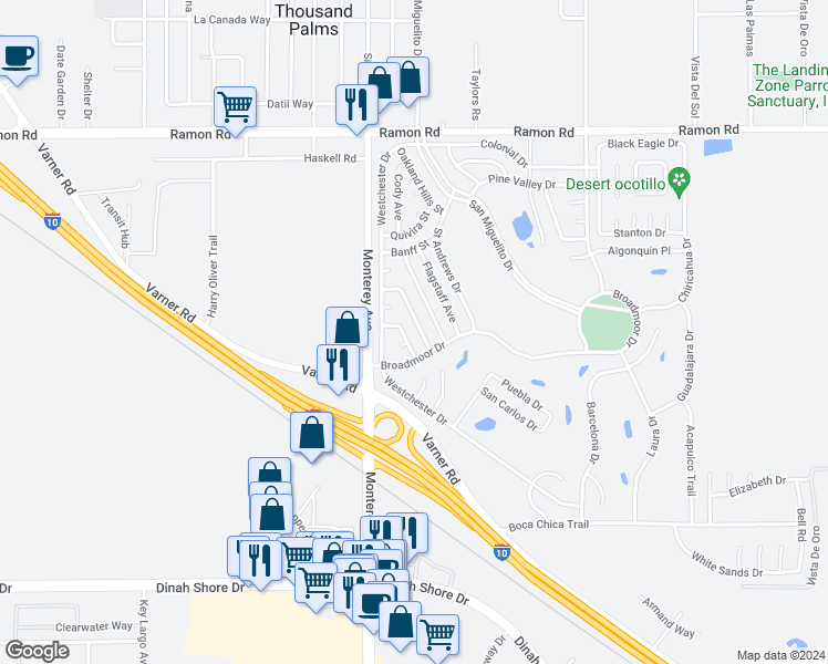 map of restaurants, bars, coffee shops, grocery stores, and more near 32813 Bloomfield Avenue in Thousand Palms