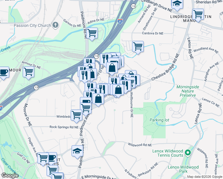 map of restaurants, bars, coffee shops, grocery stores, and more near 2021 Manchester Street Northeast in Atlanta
