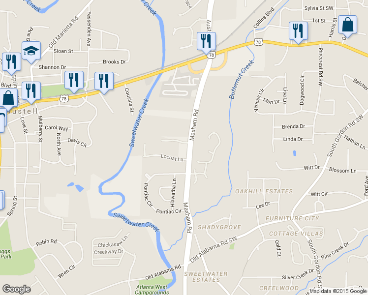 map of restaurants, bars, coffee shops, grocery stores, and more near 2253 Salt Springs Place in Austell