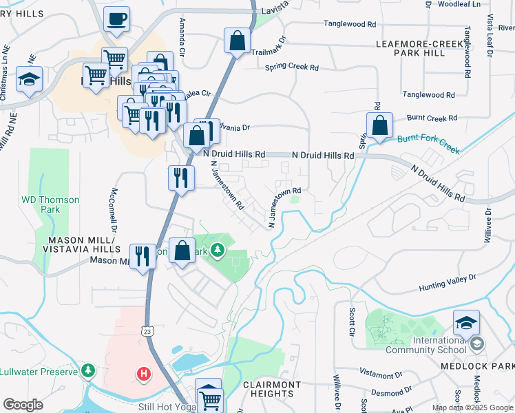 map of restaurants, bars, coffee shops, grocery stores, and more near 1165 Millennium Park Road in Decatur