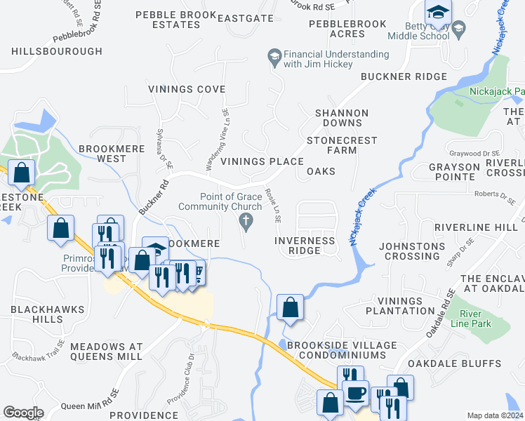 map of restaurants, bars, coffee shops, grocery stores, and more near 5871 Vel Court Southeast in Mableton