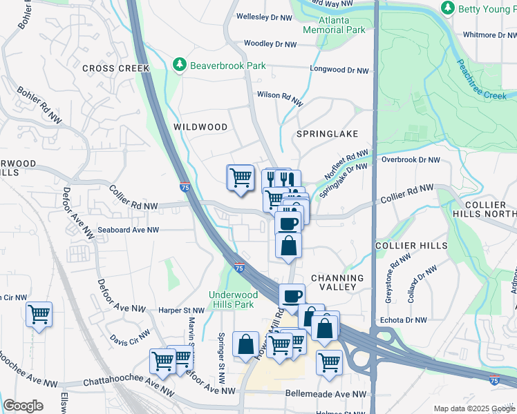 map of restaurants, bars, coffee shops, grocery stores, and more near 2020 Howell Mill Road Northwest in Atlanta