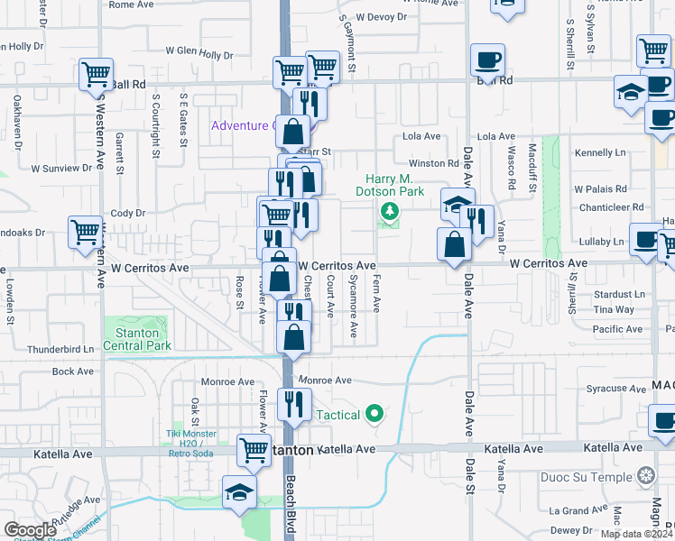map of restaurants, bars, coffee shops, grocery stores, and more near 8100 Cerritos Avenue in Stanton