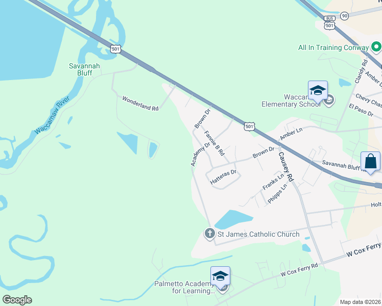 map of restaurants, bars, coffee shops, grocery stores, and more near 1041-1047 Academy Drive in Conway