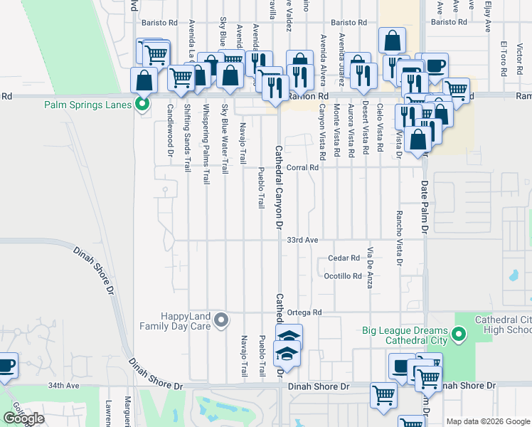 map of restaurants, bars, coffee shops, grocery stores, and more near 32812 Pueblo Trail in Cathedral City