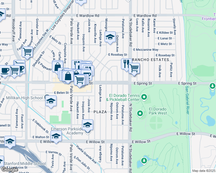 map of restaurants, bars, coffee shops, grocery stores, and more near 2950 Monogram Avenue in Long Beach