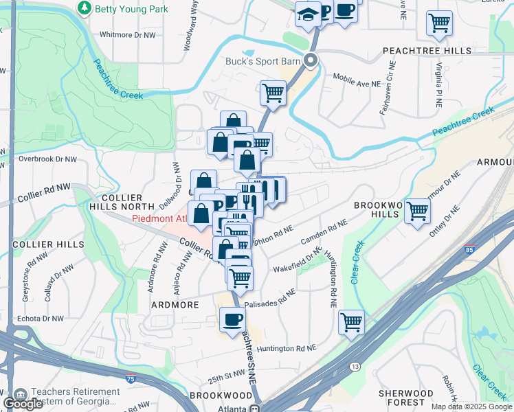 map of restaurants, bars, coffee shops, grocery stores, and more near 2035 Peachtree Road in Atlanta