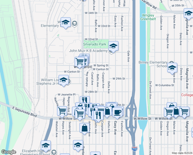 map of restaurants, bars, coffee shops, grocery stores, and more near 2911 Baltic Avenue in Long Beach