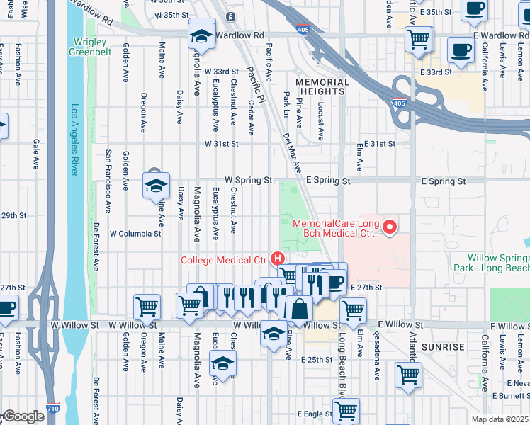 map of restaurants, bars, coffee shops, grocery stores, and more near 2903 Pacific Avenue in Long Beach
